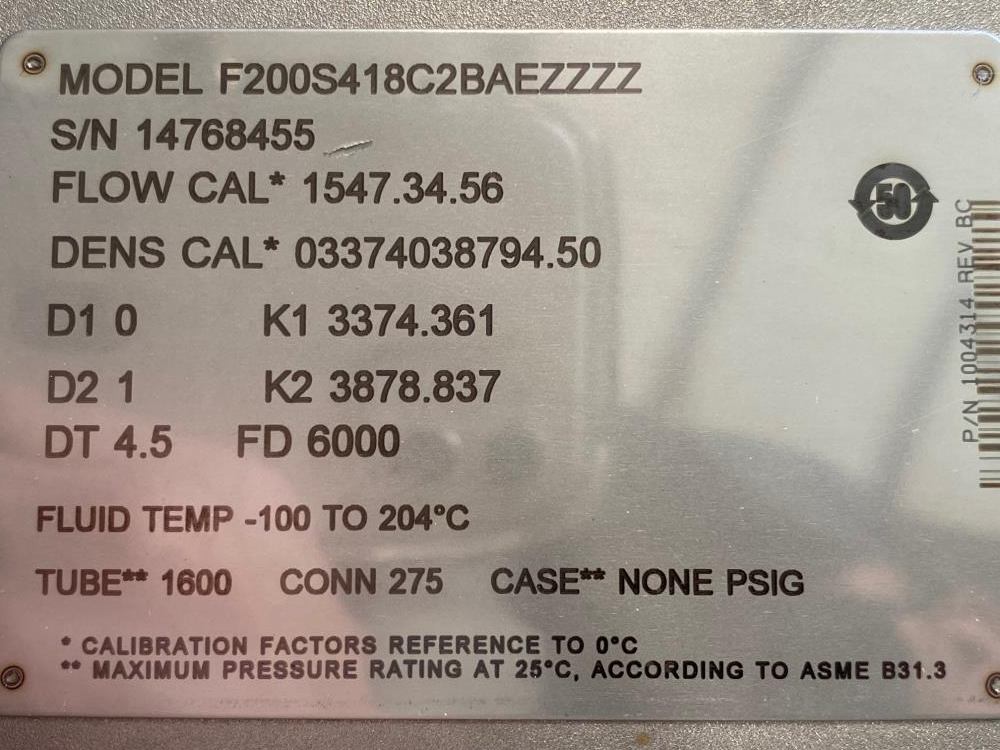 Micro Motion 2" x 1-1/2" 150# 316 Stainless Flow Meter F200S418C2BAEZZZZ (N)